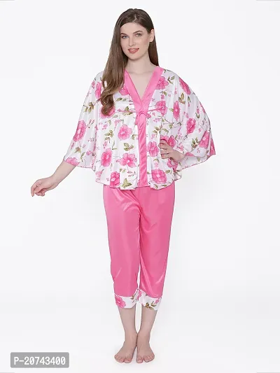 Floral Print Satin Kaftan and Capri Set - Pink (Size - Free )-thumb4