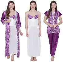 Floral Print Satin Nighty, Robe, Shirt And Pyjama Set - Purple (Size - Free )-thumb2