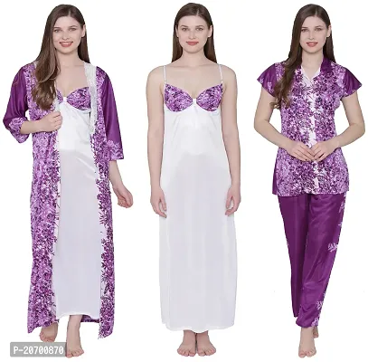 Floral Print Satin Nighty, Robe, Shirt And Pyjama Set - Purple (Size - Free )-thumb3