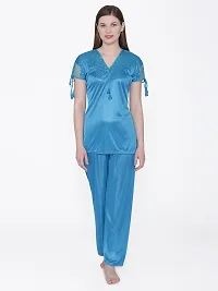 Silky Satin Top And Pyjama Set - Blue (Size - Free )-thumb1