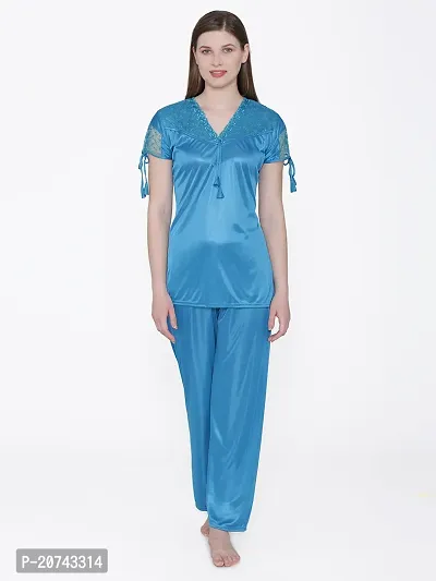 Silky Satin Top And Pyjama Set - Blue (Size - Free )-thumb2