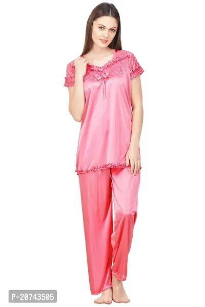 Silky Satin Top And Pyjama Set - Pink (Size - Free )