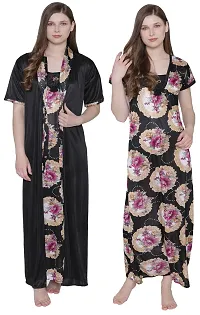 Floral Print Satin Nighty and Robe Set - Multicolor (Size - Free )-thumb1