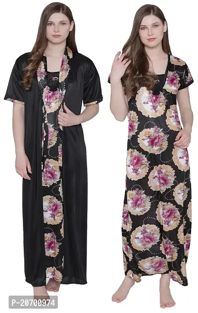 Floral Print Satin Nighty and Robe Set - Multicolor (Size - Free )-thumb2