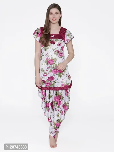 Floral Print Satin Short Sleeve Top and Long Leg Dhoti Set - Maroon (Size - Free )