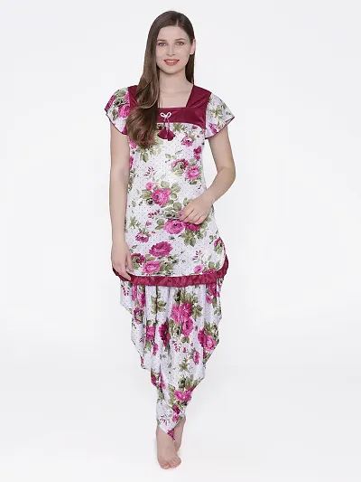 Floral Print Satin Short Sleeve Top and Long Leg Dhoti Se/Night Suit Set For Women
