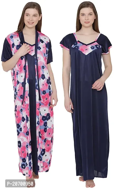 Floral Print Satin Nighty and Robe Set - Multicolor (Size - Free )