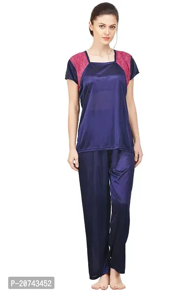 Silky Satin Top And Pyjama Set - Navy Blue (Size - Free )-thumb0