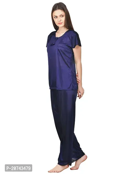 Silky Satin Top And Pyjama Set - Navy Blue (Size - Free )-thumb3