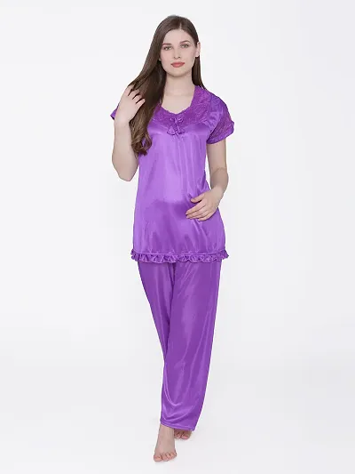 Silky Satin Top And Pyjama Set - (Size - Free )