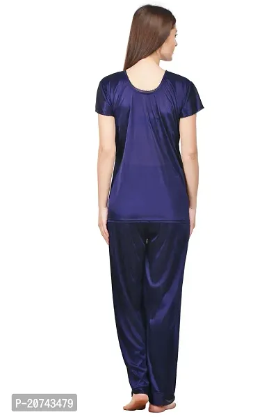 Silky Satin Top And Pyjama Set - Navy Blue (Size - Free )-thumb4