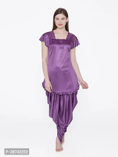 Silky Satin Top And Pyjama Set - Purple (Size - Free )-thumb0