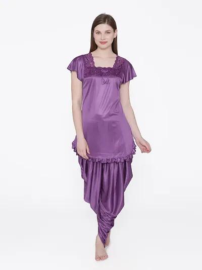 Silky Satin Top And Pyjama Set - (Size - Free )