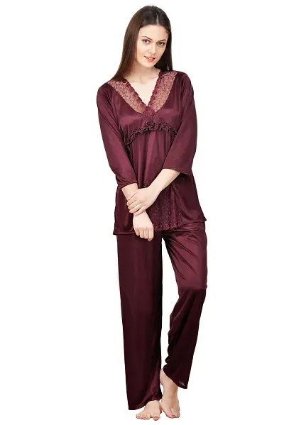 Silky Satin Top And Pyjama Set - (Size - Free )