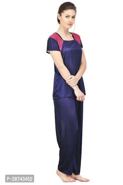 Silky Satin Top And Pyjama Set - Navy Blue (Size - Free )-thumb2