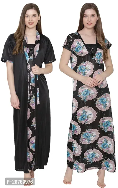 Floral Print Satin Nighty and Robe Set - Multicolor (Size - Free )-thumb0