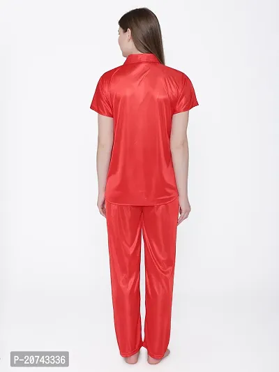 Silky Satin Top And Pyjama Set - Red (Size - Free )-thumb5