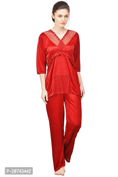 Silky Satin Top And Pyjama Set - Maroon (Size - Free )