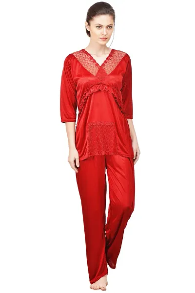 Silky Satin Top And Pyjama Set - (Size - Free )