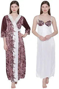 Floral Print Satin Nighty and Robe Set - Brown (Size - Free )-thumb2