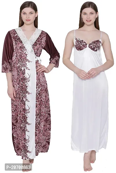 Floral Print Satin Nighty and Robe Set - Brown (Size - Free )-thumb3