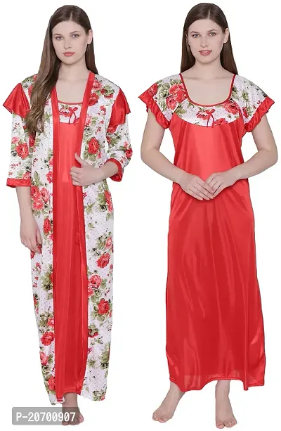 Floral Print Satin Nighty and Robe Set - Red (Size - Free )