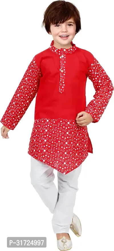 Stylish Red Cotton Blend Printed Kurta Sets For Boys-thumb0