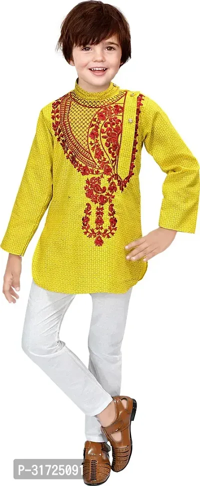 Stylish Yellow Cotton Blend Embroidered Kurta Sets For Boys-thumb0