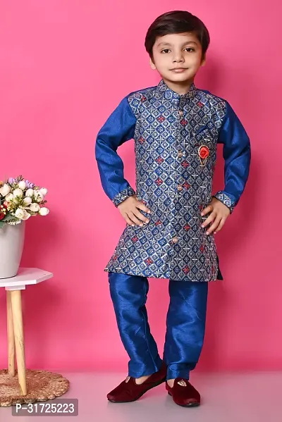 Stylish Blue Polycotton Self Pattern Kurta Sets For Boys-thumb0