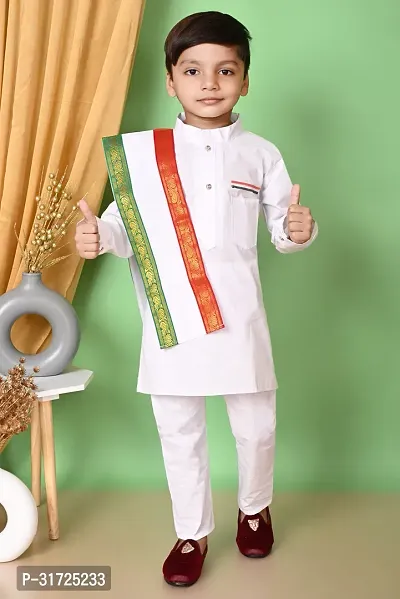 Stylish White Cotton Blend Self Pattern Kurta Sets For Boys