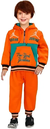 Fabulous Orange Wool Printed Hooded Sweatshirt With Trouser For Boys-thumb0