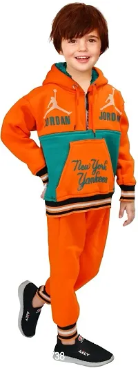 Fabulous Orange Wool Printed Hooded Sweatshirt With Trouser For Boys-thumb3