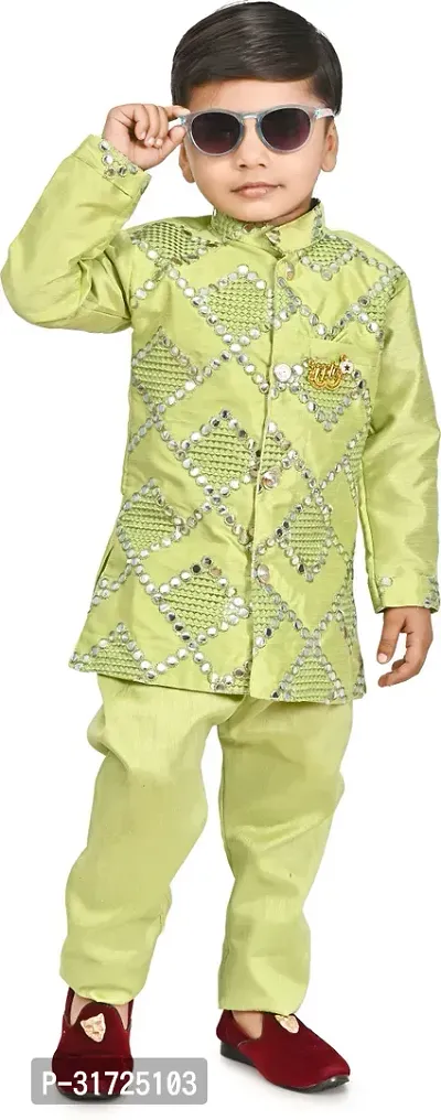 Stylish Green Cotton Blend Embellished Kurta Sets For Boys-thumb0