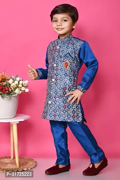 Stylish Blue Polycotton Self Pattern Kurta Sets For Boys-thumb3