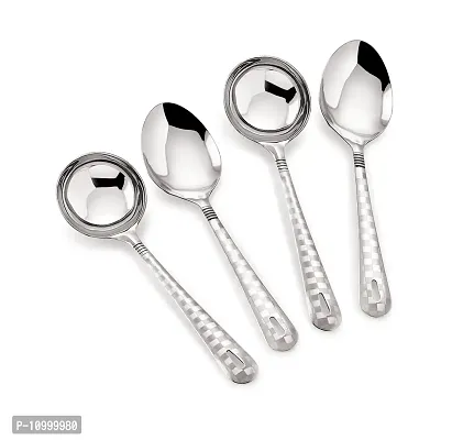 Roop's Premium Quality Laser Checks Print Design Serving Spoon Set of 4 (2 Ladles and 2 Serving Spoons), Stainless Steel, Silver-thumb0