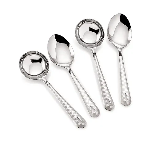Roop's Premium Quality Laser Checks Print Design Serving Spoon Set of 4 (2 Ladles and 2 Serving Spoons), Stainless Steel, Silver
