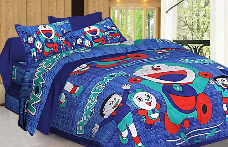 sanganeri Jaipuri Printed Cotton Double bedsheet with 2 Pillow Cover PS - Blue