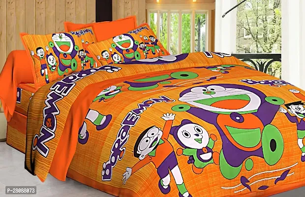 Comfortable Orange Cotton Printed Double 1 Bedsheet + 2 Pillowcovers-thumb0