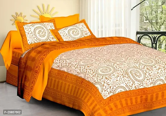 Comfortable Orange Cotton Printed Double 1 Bedsheet + 2 Pillowcovers-thumb0