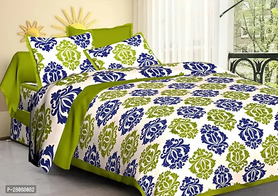 Comfortable Green Cotton Printed Double 1 Bedsheet + 2 Pillowcovers-thumb0