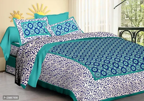 Comfortable Green Cotton Printed Double 1 Bedsheet + 2 Pillowcovers-thumb0