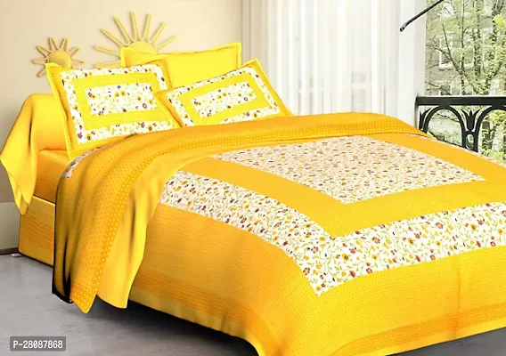 Comfortable Yellow Cotton Printed Double 1 Bedsheet + 2 Pillowcovers-thumb0