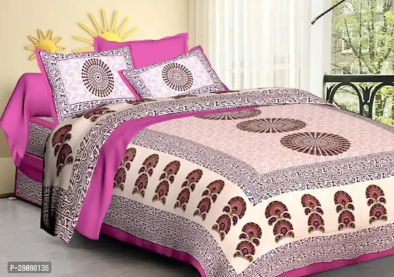 Comfortable Pink Cotton Printed Double 1 Bedsheet + 2 Pillowcovers