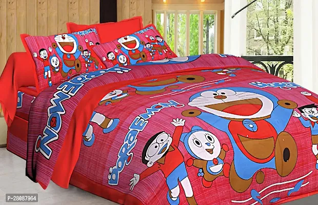 Comfortable Red Cotton Printed Double 1 Bedsheet + 2 Pillowcovers-thumb0