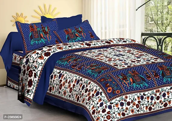 Comfortable Blue Cotton Printed Double 1 Bedsheet + 2 Pillowcovers-thumb0