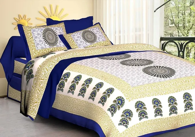 sanganeri Jaipuri Printed Cotton Double bedsheet with 2 Pillow Cover PS - Teen chakri