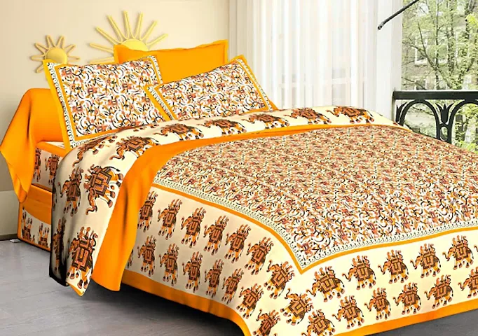 sanganeri Jaipuri Printed Cotton Double bedsheet with 2 Pillow Cover PS - jal hathi