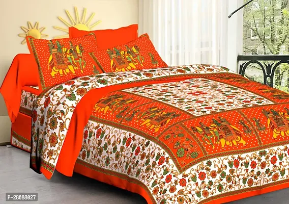 Comfortable Orange Cotton Printed Double 1 Bedsheet + 2 Pillowcovers