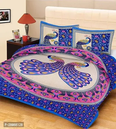 Comfortable Blue Cotton Printed Double 1 Bedsheet + 2 Pillowcovers