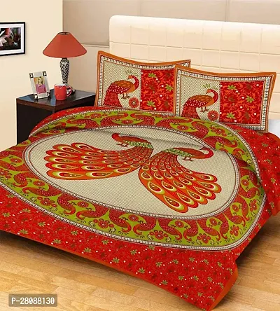 Comfortable Red Cotton Printed Double 1 Bedsheet + 2 Pillowcovers